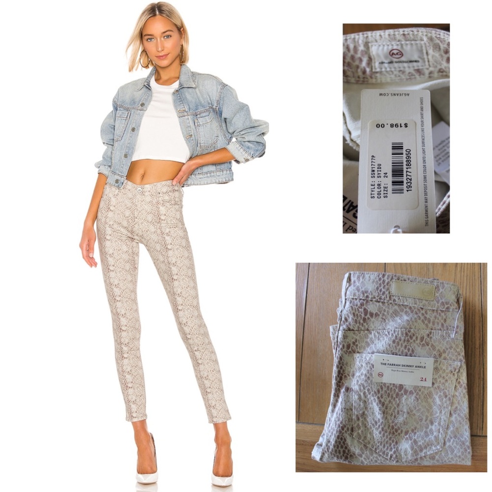 AG NWT Farrah Skinny Ankle Silk Python Ivory Dust Hued 24 00